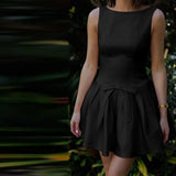 Bonnyshow  Elegant Sleeveless Bow Pleated Mini Dress For Women Spring 2025 Featuring Hip Hugging Slim Fit Backless Party Vestidos