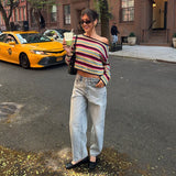 Bonnyshow  Y2k  Sweater Vintage Rainbow Striped Pullover Slanted Collar Fashion Knitted Jumper Long Sleeve Early Autumn Female Knitwear
