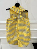 Bonnyshow Summer Elegant Commuting Yellow Striped Shirt Women 2024 New High-Quality Irregular Twisted Interlocking Design Loose Top Vest