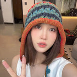 Bonnyshow Rainbow Knitted Hat for Women Autumn Winter Ear Protection Beanies Handmade Colorful Tassel Ball Ladies Bomber Hats