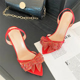 Bonnyshow  New Design Crystal Flower Pointed Toe Slingbacks Women Pumps Elegant Thin High Heels Banquet Wedding Shoes