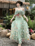 Bonnyshow  French style romantic printed camisole top high waisted three-dimensional flower skirt two-piece set women's spring set