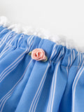 Bonnyshow  Blue Striped Casual Shorts Women Summer Flower Elastic Mid Waist Short Pants Streetwear Fashion Simple Mini Shorts 2025 New