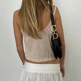 Bonnyshow  Women Sequin Cami Tops Sparkly V Neck Spaghetti Strap Backless Shirts Trendy Summer Clothes for Party Clubwear