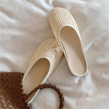 Bonnyshow  High Quality Grass Vine Weaving Round Toe Women Slippers Summer Flat Heels Beach Casual Ladies Shoes