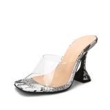 Bonnyshow  New Serpentine Slippers Woman Cozy Cup Heel PVC Transparent Sexy Square Open Toe Party Sandals Slides Shoes