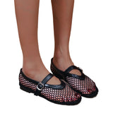 Bonnyshow  Net Flat Fashion Sandals New Summer Round Head Breathable Non-slip Line Button Mary Jane Fishnet Shoes Ladies Shoes