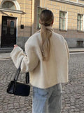 Bonnyshow Fashion White Lamb Wool Short Jackets Women Chic Lapel Long Sleeve Zipper Cropped Coats Autumn Female Solid Street Outwear