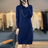 Bonnyshow Female New  Autumn And Winter Mink Cashmere Sweater Woman High Turn-Down Collar Long Dress Pullover Knitted Bottoming Skirt