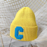 Bonnyshow Unisex Winter Knitted Hat Big C Letter Simple Beanie Cap Korean Version Skullies Beanies Soft Hip Hop Casual Bonnet Caps