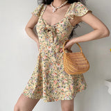 Bonnyshow  Pastoral Cute Floral Chest Strap Flying Sleeve Dress Women Dress Short Sleeves Lace Up High Thin In Summer Long Skirt For Female