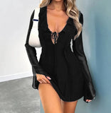 Bonnyshow Black Deep V Robes Elegant Party Evening Dress Lace Up Sexy Dresses For Women Bodycon Mini Autumn Dress Vestidos