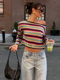 Bonnyshow  Y2k  Sweater Vintage Rainbow Striped Pullover Slanted Collar Fashion Knitted Jumper Long Sleeve Early Autumn Female Knitwear