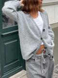 Bonnyshow  Solid Simple Loose Cardigan Sweater Women V Neck Single Breasted Long Sleeve Knitwear Autumn Casual Fashion Knitted Outerwear