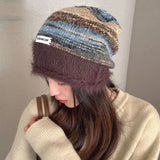 Bonnyshow Retro Stripe Knit Beanies Cap for Women Warm Fluffy Fur Baggy Hat Y2K Korean Girls Woolen Slouchy Ski Caps Bonnet