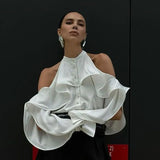 Bonnyshow spring French design fashionable halter top ruffled round neck off-shoulder long-sleeved high-end white shirt