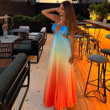 Bonnyshow Gradient Holiday Dress Women Sexy Cut Out Backless Maxi Beach Dresses Summer Casual Loose Pleated Bohemia Outfits