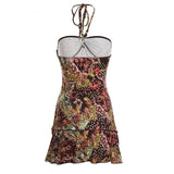 Bonnyshow  Full Floral Printed Beaded Halter-neck Dress Holiday Boho Aesthetic Ruffle A-line Mini Sundress Hotsexy Retro Outfits