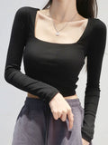 Bonnyshow Women Cotton Ribbed Square Neck Crop Top With Long Sleeve