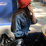 Bonnyshow Polo Collar Solid Color Casual Washed Denim Long-sleeved Shirt Women 2025 Spring New Streetwear Single-breasted Loose Tops