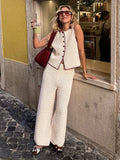 Bonnyshow  Casual Pants Set Women Contrast Knitted Vest 2piece Set Round Neck Sleeveless Waistcoat Cardigan High-waisted Trousers Summer