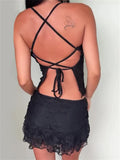 Bonnyshow  Lace Sheer A-Line Ruffle Mini Skirt Set For Women Halter Tie Backless Tank Top Short Skirt Sexy Vacation Two-Piece Outfit
