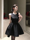Bonnyshow  French Elegant Bow Sweet Slimming Sleeveless Black Birthday Dress for Women Summer Waist Cinched A-line Mini Dress for Women