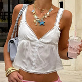 Bonnyshow  Women's Fairy 2000s Summer Tops Mini Bows Straps V Neck Crop Tops Open Back Lace Trim Button Tank Tops Streetwear