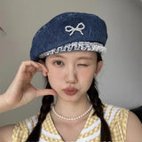 Bonnyshow Denim Pearl Bow Kont Beret Cap Korean Vintage Y2k Lace Hat Summer Designer Female Thin Denim Beach Travel Sunscreen Painter Cap