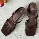 Bonnyshow  Women's natural suede leather narrow band slip-on summer 2.5cm kitten heel slides sandals elegant ladies slim dress shoes woman