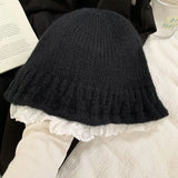 Bonnyshow Lace Knitted Bucket Hat for Women Winter Warm Woolen Fisherman Cap Y2K Beanies Sweet Ruffle Girls Ear Protection Hats