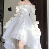 Bonnyshow Spring Elegant White Off Shoulder Fairy Dress Chic Princess Puff Dress Mesh Puff Dress Wedding Party Porm Dress