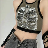 Bonnyshow Punk Aesthetic Cyber Retro X-ray Skeleton Print Rib Sleeveless Vest ArmyGreen Crop Top Designer Clothes Women Summer Emo