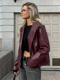 Bonnyshow Fashion Casual Retro Leather Women's Jacket Turndown Collar Zipper Long Sleeve Jackets Solid Color Autumn Windproof Women Coat