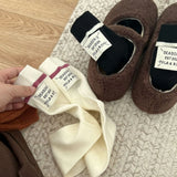 Bonnyshow Women Cashmere Pile Up Socks Korean Stripe Label Letter Non-slip Soft Knitted Long Socks Girl New Year Accessory Funny Gifts
