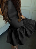 Bonnyshow  Elegant Sleeveless Bow Pleated Mini Dress For Women Spring 2025 Featuring Hip Hugging Slim Fit Backless Party Vestidos