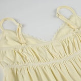 Bonnyshow  Fashion Solid Lace Spliced Women Camisole Tops Summer V-Neck Ruched Causal Sweet Blouses