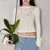 Bonnyshow Autumn White T-shirt Women O-Neck Flare Sleeve Lace-up Crop Top Fashion Casual Solid T Shirt Streetwear Sexy Cropped Top Female
