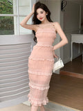 Bonnyshow Summer Pink Beach Style Holiday Sleeveless Dress Casual Elegant Bodycon Dresses Women Ruffles Evening Party Dress Korean Fashion