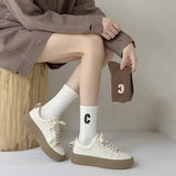 Bonnyshow 5 Pairs/Set Coffee Color Socks Women Korean Letter C Middle Tube Socks Autumn Winter Warm Cotton Female Sport Socks