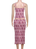 Bonnyshow  See Through Print Folds 2-Piece Set Women Backless Sleeveless Suspenders+Elasticated Waist Skirts Holiday Matching Suit