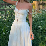 Bonnyshow  Ruched Detail Lace-up Elegant Sundress French Style White A-line Long Dress Summer Sleeveless Sexy Chic Dresses Lady