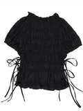 Bonnyshow  Pleated Women's T-shirt Chic Lace Up Round-neck Short Sleeve Female Crop Tops Summer Lady Streetwear Outerwear Street Tops