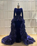 Bonnyshow Amazing Dark Purple 3D Flower Long Evening Dresses With Detachable Train Full Sleeves Modest Velvet Long Formal Dress Prom Gowns