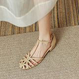 Bonnyshow  Shoes Female Sandal 2025 Women's Girls Beige New Summer Comfort Low Retro Flat Back Strap Square Heel Rubber PU Scandals Solid