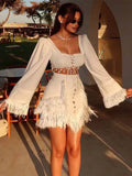 Bonnyshow  Chic Lace Up Shirt Tassels Mini Skirt Set Lady Retro Square Collar Full Sleeve Shirts A-lined Skirts Sets Women 2025 Outfits