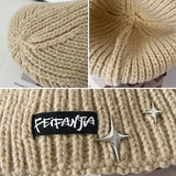 Bonnyshow Korean Letter Knit Beanie Cap Women Winter Thickened Warm Pullover Hat Solid Color Star Female Ski Woollen Caps