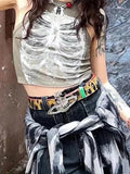 Bonnyshow Punk Aesthetic Cyber Retro X-ray Skeleton Print Rib Sleeveless Vest ArmyGreen Crop Top Designer Clothes Women Summer Emo