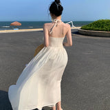 Bonnyshow  Summer New Women's Elegant Sling White Bohemian Beach Vacation Style Sexy Backless Sleeveless Medium Long Party Evening Dresses