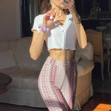 Bonnyshow Huhugirl Fashion Sexy Women Paisley Pant Midi Waist Skinny Long Pants Streetwear Classic Trousers Female Clothing Y2K Streetwear
